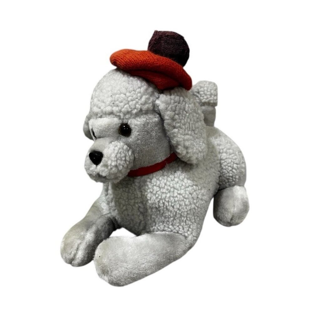 Dakin French Poodle Dog Grey Plush 8in Red Wool Beret Lying 1987 Tush Tag Korea